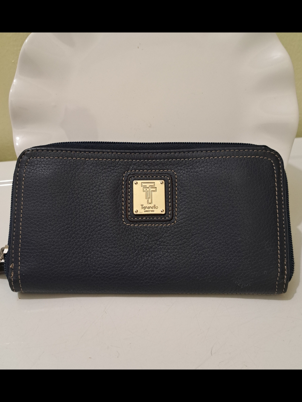 Tignanello Navy Pebbled Leather Zip Around Wallet